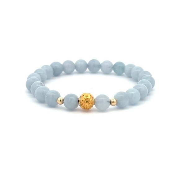 18K Gold Money Ball Lucky Charm Beads Bracelet Gemstones Aquamarine 6mm - Picture 6 of 9